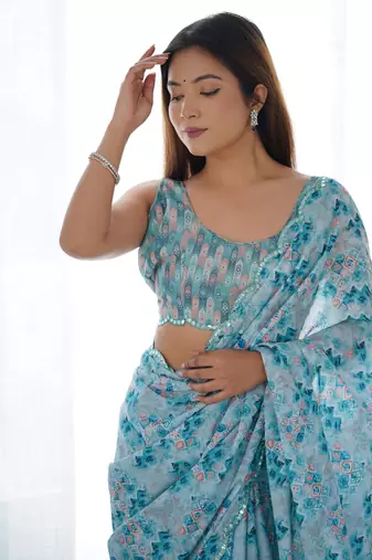 Women's Sky Blue Chinon Print with Mirror Work Designer Saree with Blouse