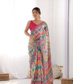 Women's Multicolor Chinon Print with Mirror Work Designer Saree with Blouse