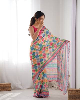 Women's Multicolor Chinon Print with Mirror Work Designer Saree with Blouse 2