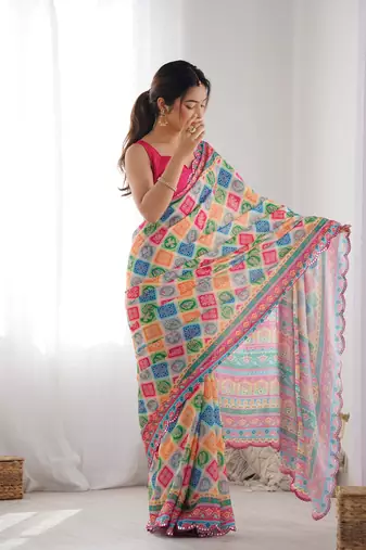 Women's Multicolor Chinon Print with Mirror Work Designer Saree with Blouse