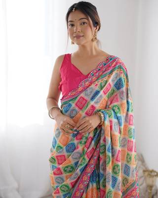 Women's Multicolor Chinon Print with Mirror Work Designer Saree with Blouse 3