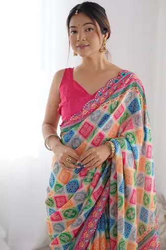 Women's Multicolor Chinon Print with Mirror Work Designer Saree with Blouse