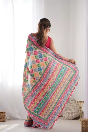 Women's Multicolor Chinon Print with Mirror Work Designer Saree with Blouse