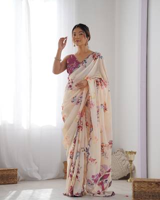 Women's Off White Chinon Print with Mirror Work Designer Saree with Blouse 1