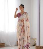 Women's Off White Chinon Print with Mirror Work Designer Saree with Blouse
