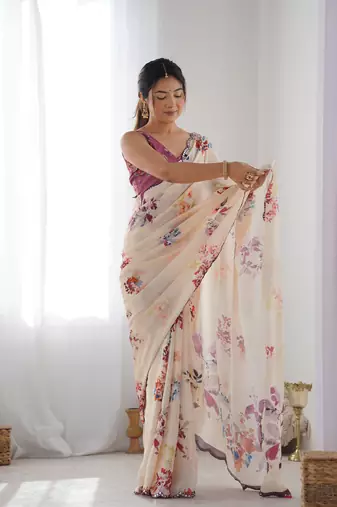 Women's Off White Chinon Print with Mirror Work Designer Saree with Blouse