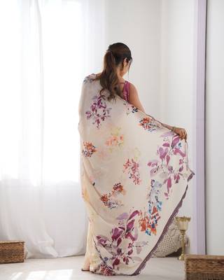 Women's Off White Chinon Print with Mirror Work Designer Saree with Blouse 4