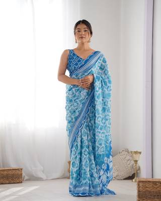 Women's Sky Blue Chinon Print with Mirror Work Designer Saree with Blouse 1