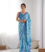 Women's Sky Blue Chinon Print with Mirror Work Designer Saree with Blouse