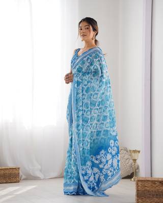 Women's Sky Blue Chinon Print with Mirror Work Designer Saree with Blouse 2