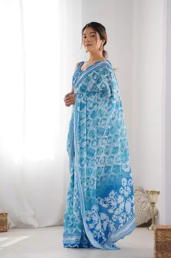 Women's Sky Blue Chinon Print with Mirror Work Designer Saree with Blouse