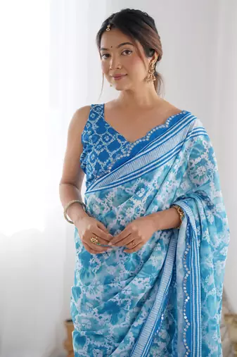 Women's Sky Blue Chinon Print with Mirror Work Designer Saree with Blouse