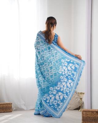 Women's Sky Blue Chinon Print with Mirror Work Designer Saree with Blouse 4