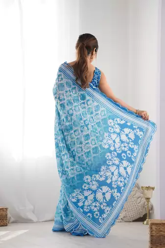 Women's Sky Blue Chinon Print with Mirror Work Designer Saree with Blouse