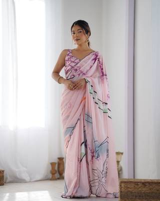 Women's Peach Chinon Print with Mirror Work Designer Saree with Blouse 1