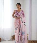 Women's Peach Chinon Print with Mirror Work Designer Saree with Blouse