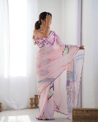 Women's Peach Chinon Print with Mirror Work Designer Saree with Blouse 2