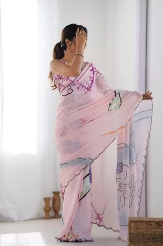Women's Peach Chinon Print with Mirror Work Designer Saree with Blouse