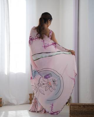 Women's Peach Chinon Print with Mirror Work Designer Saree with Blouse 4