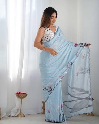 Women's Sky Blue Chinon Print with Mirror Work Designer Saree with Blouse 2