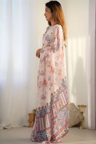 Women's Peach Chinon Print with Mirror Work Designer Saree with Blouse