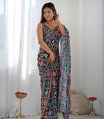 Women's Teal Chinon Print with Mirror Work Designer Saree with Blouse