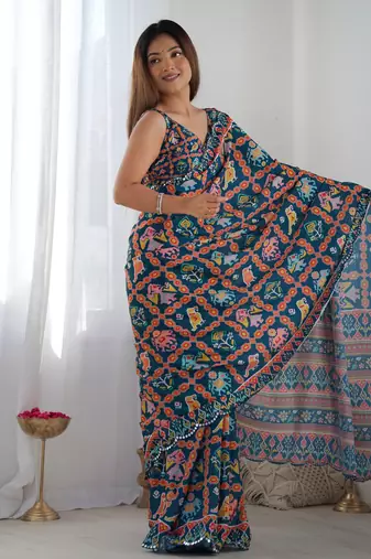 Women's Teal Chinon Print with Mirror Work Designer Saree with Blouse