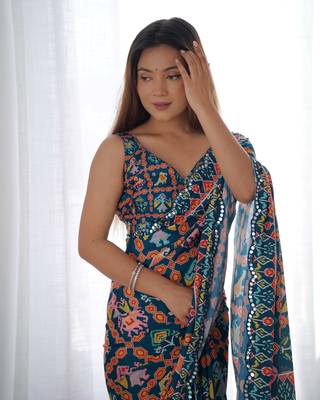 Women's Teal Chinon Print with Mirror Work Designer Saree with Blouse 3