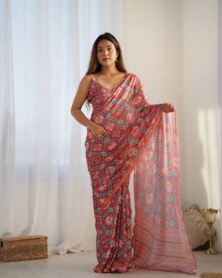Women's Maroon Chinon Print with Mirror Work Designer Saree with Blouse 1