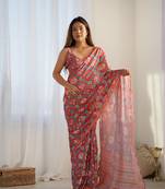 Women's Maroon Chinon Print with Mirror Work Designer Saree with Blouse