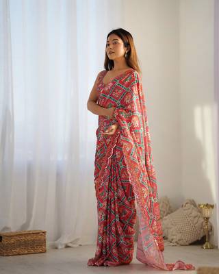 Women's Maroon Chinon Print with Mirror Work Designer Saree with Blouse 2