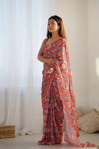 Women's Maroon Chinon Print with Mirror Work Designer Saree with Blouse