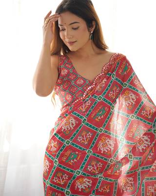 Women's Maroon Chinon Print with Mirror Work Designer Saree with Blouse 3