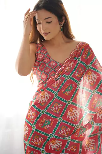 Women's Maroon Chinon Print with Mirror Work Designer Saree with Blouse