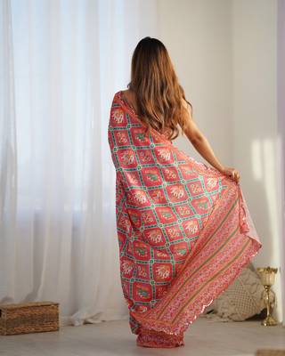 Women's Maroon Chinon Print with Mirror Work Designer Saree with Blouse 4