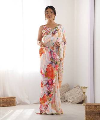 Women's Multicolor Chinon Print with Mirror Work Designer Saree with Blouse 2