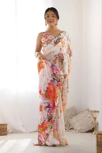 Women's Multicolor Chinon Print with Mirror Work Designer Saree with Blouse