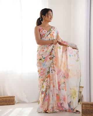 Women's Multicolor Chinon Print with Mirror Work Designer Saree with Blouse 1
