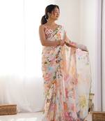 Women's Multicolor Chinon Print with Mirror Work Designer Saree with Blouse