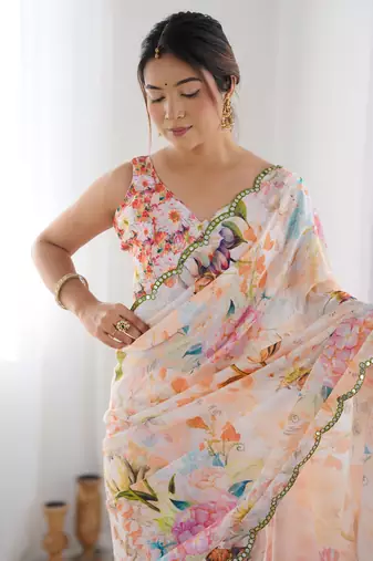 Women's Multicolor Chinon Print with Mirror Work Designer Saree with Blouse
