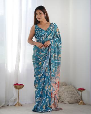 Women's Blue Chinon Print with Mirror Work Designer Saree with Blouse 1