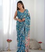 Women's Blue Chinon Print with Mirror Work Designer Saree with Blouse