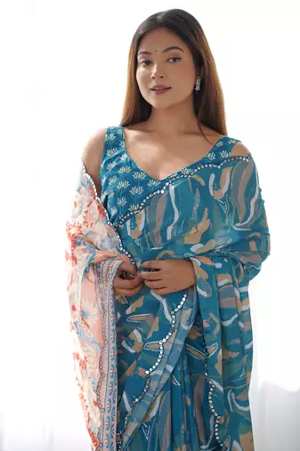 Women's Blue Chinon Print with Mirror Work Designer Saree with Blouse