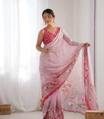 Women's Pink Chinon Print with Mirror Work Designer Saree with Blouse
