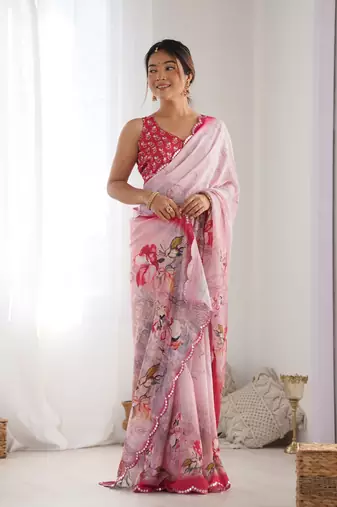Women's Pink Chinon Print with Mirror Work Designer Saree with Blouse