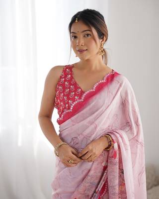 Women's Pink Chinon Print with Mirror Work Designer Saree with Blouse 3