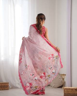 Women's Pink Chinon Print with Mirror Work Designer Saree with Blouse 4