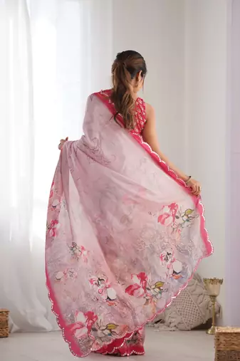 Women's Pink Chinon Print with Mirror Work Designer Saree with Blouse