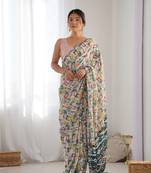 Women's Multicolor Chinon Print with Mirror Work Designer Saree with Blouse