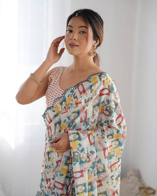 Women's Multicolor Chinon Print with Mirror Work Designer Saree with Blouse 3